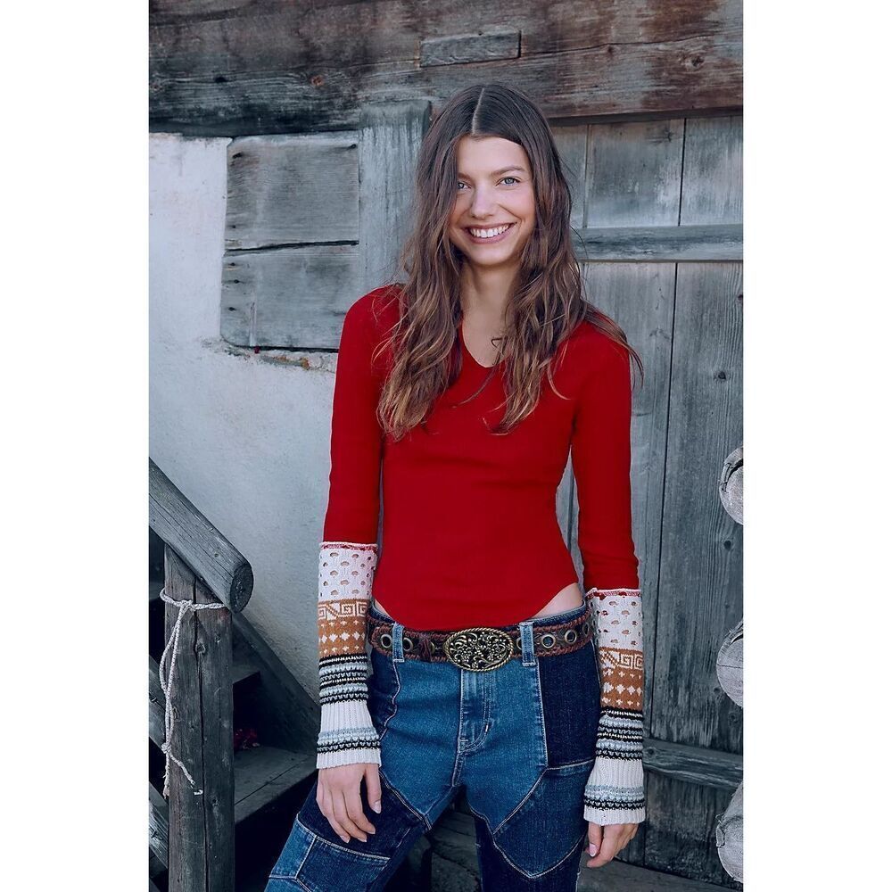 Free People Cozy Craft Cuff Top in Red Combo